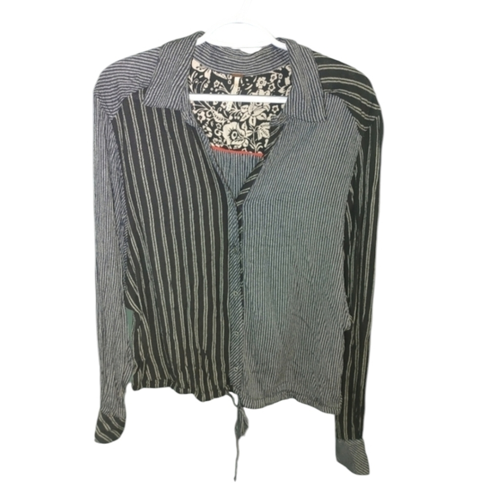Free People Striped Black and White Button-Up Shirt Size Medium